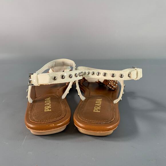 PRADA Size 6.5 Brown White Leather Studded Thong Sandals - Picture 3 of 8